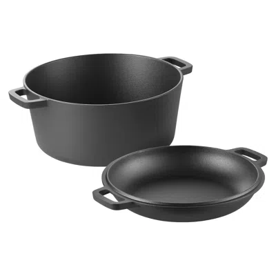 Vevor Cast Iron Dutch Oven, 2-in-1 Pre-seasoned Pot With Skillet Lid, 5qt Cookware Pan With Proofing Baske In Black