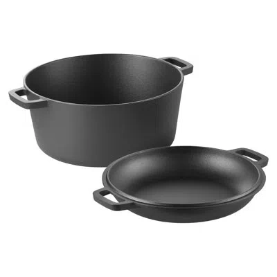 Vevor Cast Iron Dutch Oven 2-in-1 Pre-seasoned Double Pot With Lid Handles 5 Qt Black