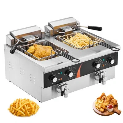 Vevor Commercial Deep Fryer, Dual Tank 3500w Electric Countertop Fryer, 2 X 9qt / 8.5l Double Oil Fryer Wi In Silver