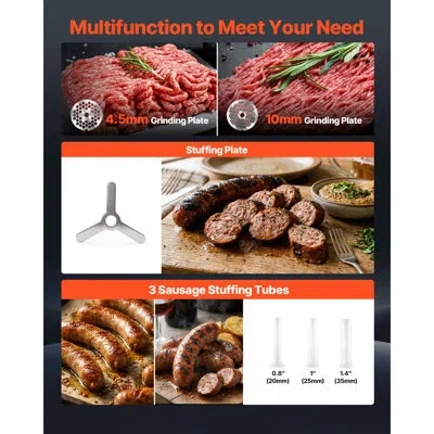 Vevor Commercial Meat Grinder, 21 Lbs/min Capacity, #32 Electric Meat Mincer With 3 Plates, 3 Sausage Stuf In Black