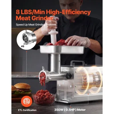 Vevor Commercial Meat Grinder, 8 Lbs/min Capacity, #8 Electric Meat Mincer With 3 Plates, 3 Sausage Stuffi In Silver