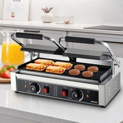 Vevor Commercial Panini Press Grill Electric Sandwich Maker Griddle Plate 19x9in In Silver