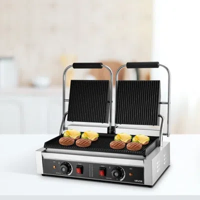 Vevor Commercial Panini Press Grill Electric Sandwich Maker Griddle Plate 19x9in In Silver;black