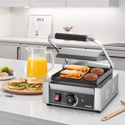 Vevor Commercial Panini Press Grill Electric Sandwich Maker Griddle Plate 8.8x9 In In Silver;stainless Steel