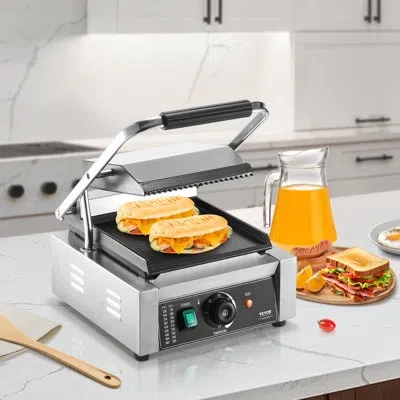 Vevor Commercial Panini Press Grill Electric Sandwich Maker Griddle Plate 9"x9" In Silver
