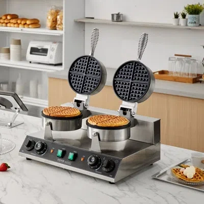 Vevor Commercial Waffle Maker Dual-head Round Waffle Iron 2460w Non-stick In Silver