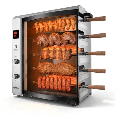 Vevor Countertop Vertical Oven Brazilian Flame 5 Auto Rotating Skewers, For Steak, Fish, Lamb Leg, Outdoor In Matte Black;silver