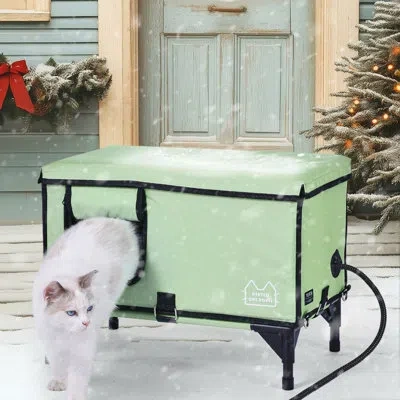 Vevor Elevated Heated Cat House Cuboid Kitty Shelter With Heated Pad Green (m)