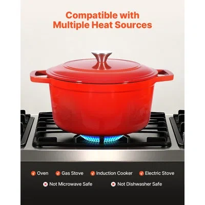 Vevor Enameled Cast Iron Dutch Oven, 6 Quart Pot With Lid And Dual Handles, Oven Induction Compatible Up T In Red