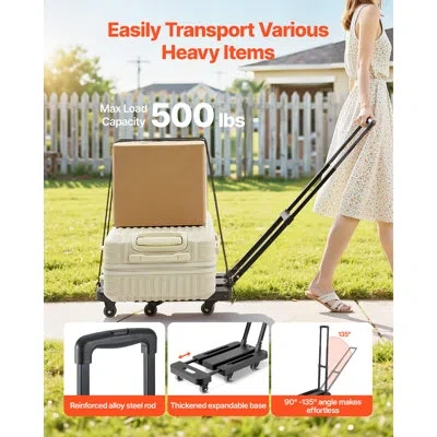 Vevor Folding Hand Truck, 500 Lbs Load Capacity, Collapsible Luggage Cart With 6 Wheels, 2 Elastic Ropes & In Black