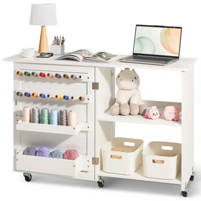 Vevor Folding Sewing Table With Lockable Wheels Storage Shelves Trays Door In White