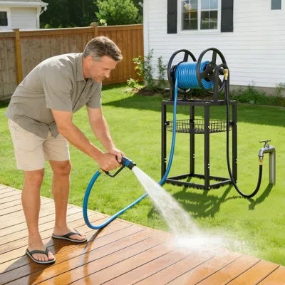Vevor Freestanding Garden Hose Reel, Holds 125 Feet Of 5/8-inch Hose, 5 Ft Leader Hose, 4 Spikes, Wall Mou In Black
