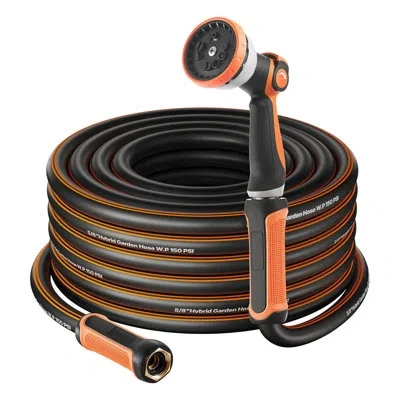 Vevor Garden Hose, 5/8" Heavy Duty Rubber Water Hose With 10 Mode Nozzle, 150psi Working & 600psi Burst, F In Black;orange