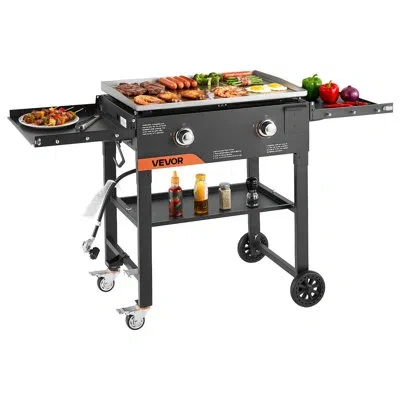 Vevor Gas Griddle, 2-burner Flat Top Grill, 28 Inch Grill Plate Foldable Propane Griddle With Wheels, 3000 In Matte Black