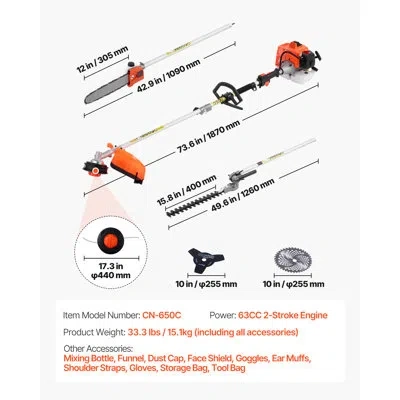Vevor Gas Hedge Trimmer, 2 Cycle Gas Power Handheld Hedge Trimmer, 5-in-1 63cc Cordless Weed Eater With Pr In Black;orange
