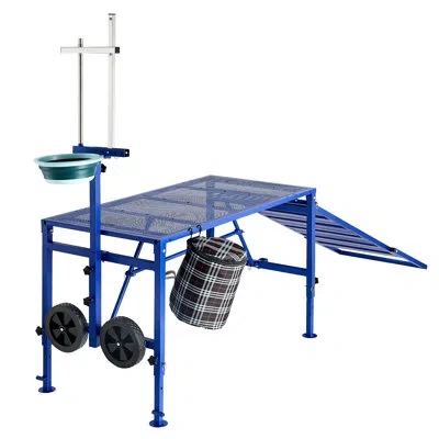 Vevor Goat Milking Stand, 600 Lbs Heavy Duty Foldable Goat Stand With Ramp, Feed Bin & Wheels, Adjustable  In Blue