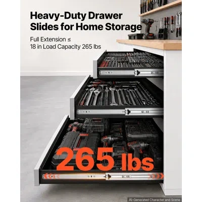 Vevor Heavy-duty Drawer Slides, 28 Inch 265 Lbs Load Side Mount Rails, 3-fold Full Extension Ball Bearing  In Black