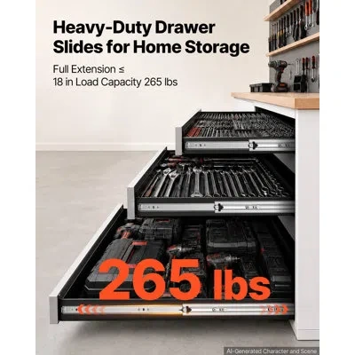 Vevor Heavy-duty Drawer Slides, 32 Inch 265 Lbs Load Side Mount Rails, 3-fold Full Extension Ball Bearing  In Black