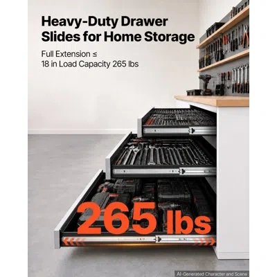 Vevor Heavy-duty Drawer Slides, 34 Inch 265 Lbs Load Side Mount Rails, 3-fold Full Extension Ball Bearing  In Black