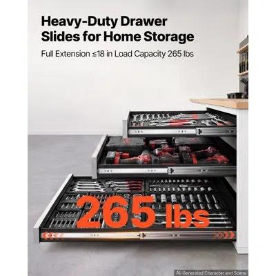 Vevor Heavy-duty Drawer Slides, 40 Inch 265 Lbs Load Side Mount Rails, 3-fold Full Extension Ball Bearing  In Black