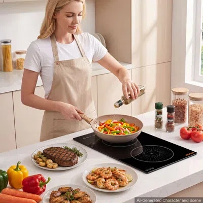 Vevor Induction Cooktop 12inch 2 Burners Built-in Electric Stove 220v 3500w, Induction Burner For Kitchen, In Black