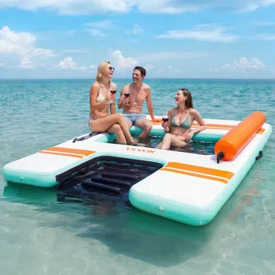 Vevor Inflatable Floating Dock, 8 X 6 Ft Inflatable Dock Platform, Non-slip Water Air Mat With Portable Ca In White