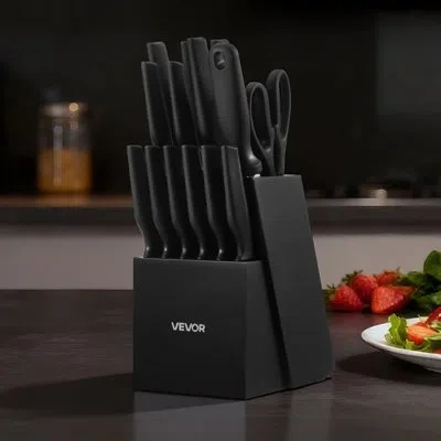 Vevor Kitchen Knife Set With Block And Sharpener, 15 Piece German High Carbon Stainless Steel Knife Set, K In Black