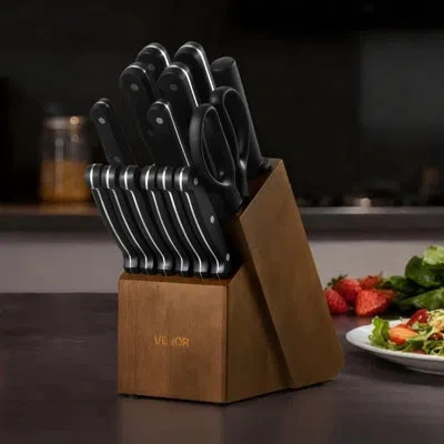 Vevor Kitchen Knife Set With Block And Sharpener, 15 Piece German High Carbon Stainless Steel Knife Set, K In Black