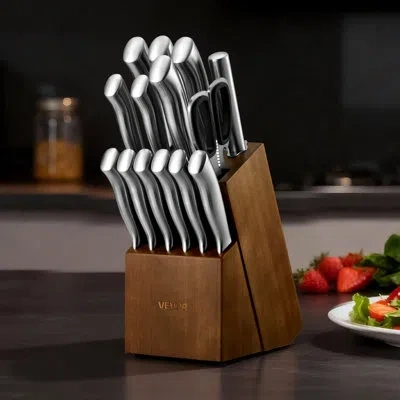 Vevor Kitchen Knife Set With Block And Sharpener, 15 Piece German High Carbon Stainless Steel  Sharp Knife In Silver