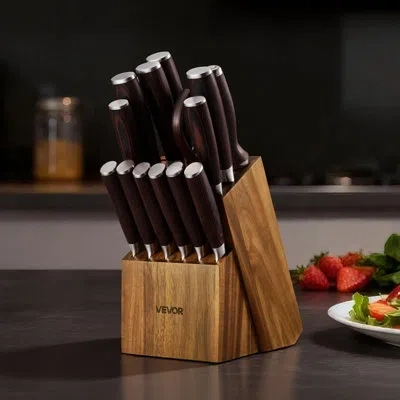 Vevor Kitchen Knife Set With Block And Sharpener, 15 Piece High Carbon Stainless Steel Knife Set, Rust-res In Brown