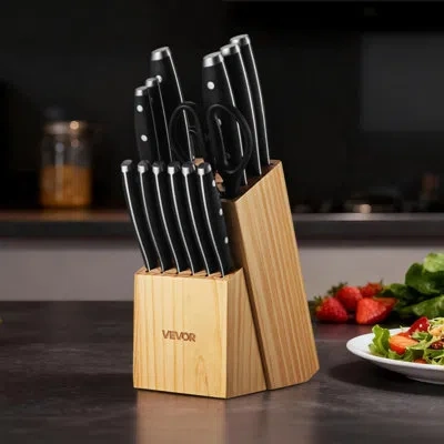 Vevor Kitchen Knife Set With Block And Sharpener, 15 Piece High Carbon Stainless Steel Sharp Knife Set, Ki In Black