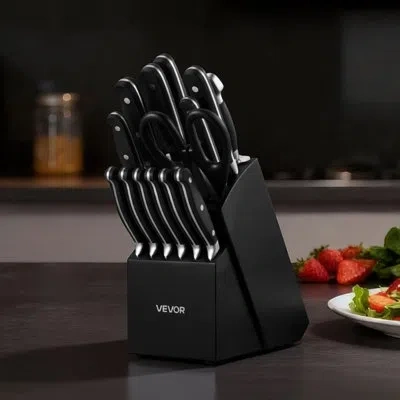Vevor Kitchen Knife Set With Block And Sharpener, 15 Piece High Carbon Stainless Steel Sharp Knife Set, Ki In Black