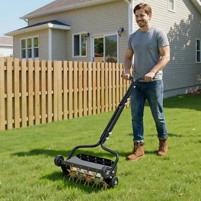Vevor Lawn Aerator, 18 In Manual Push Spike Aerator With 4 Wheels & Handle, Heavy Duty Grass Aerators, Sup In Black