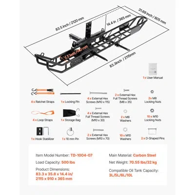 Vevor Motorcycle Carrier, 500 Lbs Capacity, Heavy Duty Steel Hitch Mount Rack With Anti-tilt Lock Device, 