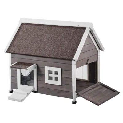 Vevor Outdoor Cat House Wooden Feral Cat Shelter With Roof Door Flaps & Window In Gray