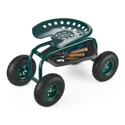 Vevor Outdoor Rolling Garden Cart With Swivel Seat All-terrain Wheels Tool Tray 300lbs In Black;green