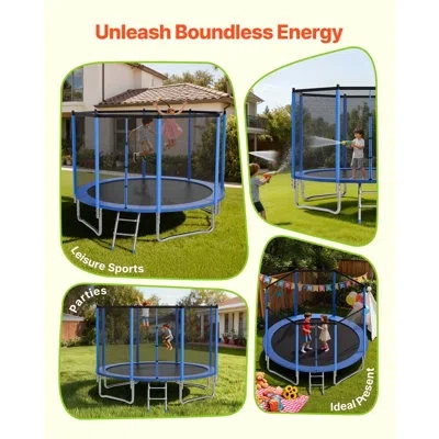 Vevor Outdoor Trampoline, 12ft Round Recreational Trampoline With Enclosure Net, Max 400 Lbs Weight Capaci In Blue