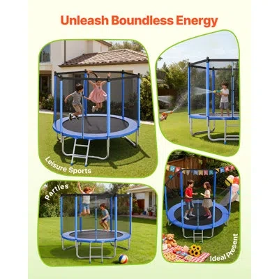 Vevor Outdoor Trampoline, 8ft Round Recreational Trampoline With Enclosure Net, Max 265 Lbs Weight Capacit In Blue