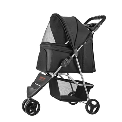 Vevor Pet Stroller Foldable 3 Wheels Dog Stroller With Brake Up To 35lbs Travel Camp In Black