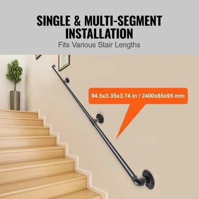 Vevor Pipe Stair Handrail, 8ft Staircase Handrail, 440lbs Load Capacity Carbon Steel Pipe Handrail, Indust In Black