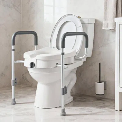 Vevor Raised Toilet Seat With Arms, 350 Lbs Capacity, 5-inch Lift Height & Adjustable Width, Widened Commo In Natural