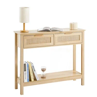 Vevor Rattan Console Table With 2 Storage Drawers Rattan Sliding Door Natural In Satin Black