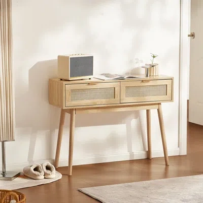 Vevor Rattan Console Table With 2 Storage Drawers Rattan Sliding Door In Oak Wood