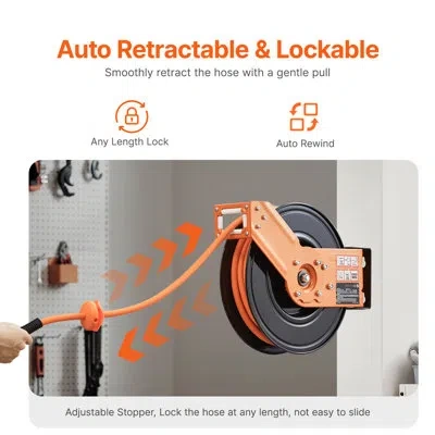 Vevor Retractable Air Hose Reel, 3/8in X 50ft Rubber Air Hose Max 300psi, Air Compressor Hose Reel Auto-re In White