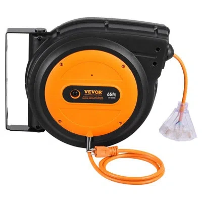 Vevor Retractable Extension Cord Reel Power Cord Reel 65ft 12awg/3c Sjtow In Black;orange