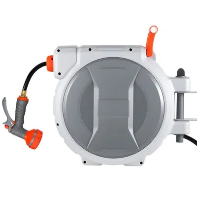 Vevor Retractable Garden Hose Reel, 1/2 In X 100 Ft, Wall Mounted Hose Reel With 9-function Sprayer Nozzle In White