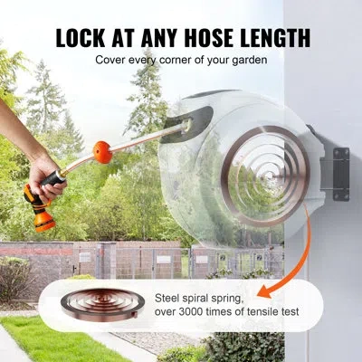 Vevor Retractable Hose Reel, 84 Ft X 5/8 Inch, 180° Swivel Bracket Wall-mounted, Garden Water Hose Reel Wi In Brown