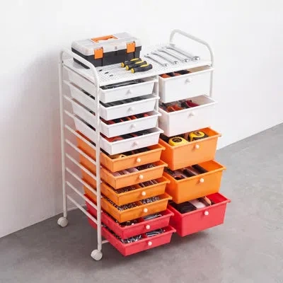 Vevor Rolling Cart With Drawers, Double Row 15 Drawer Storage Organizer, Mobile Utility Cart, Steel Frame, In Multi
