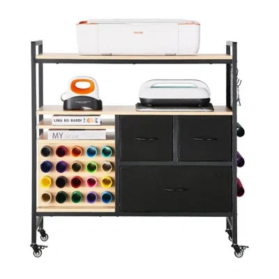 Vevor Rolling Craft Cart And Storage Table With 20 Vinyl Roll Holders 3 Drawers Black