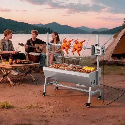 Vevor Rotisserie Grill, 38w Bbq Outdoor Pig & Lamb Spit Roaster, Charcoal Spit Roaster With 132 Lbs Capaci In Silver